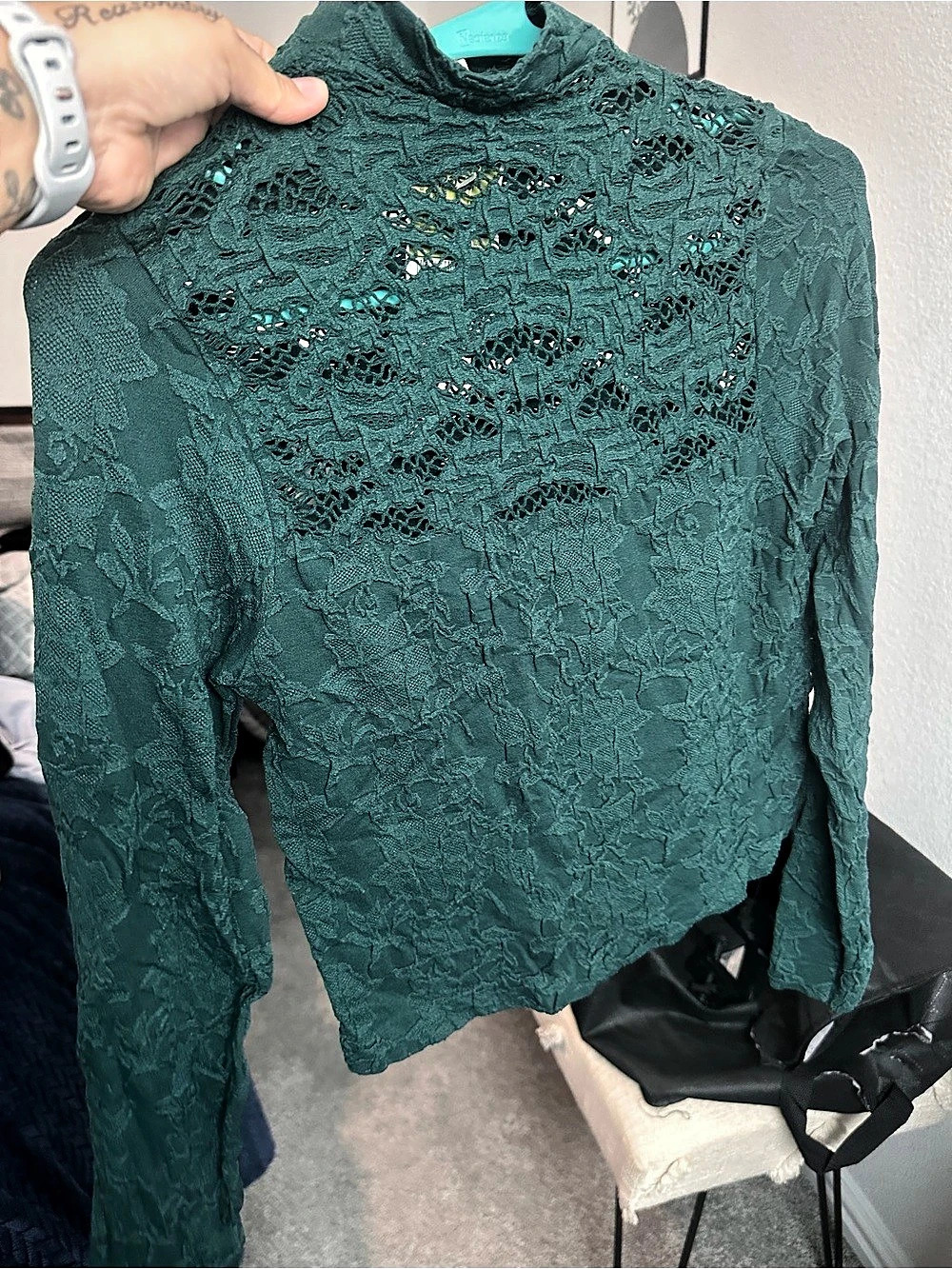 Bella Seamless Long Sleeve Lace Top Green Medium